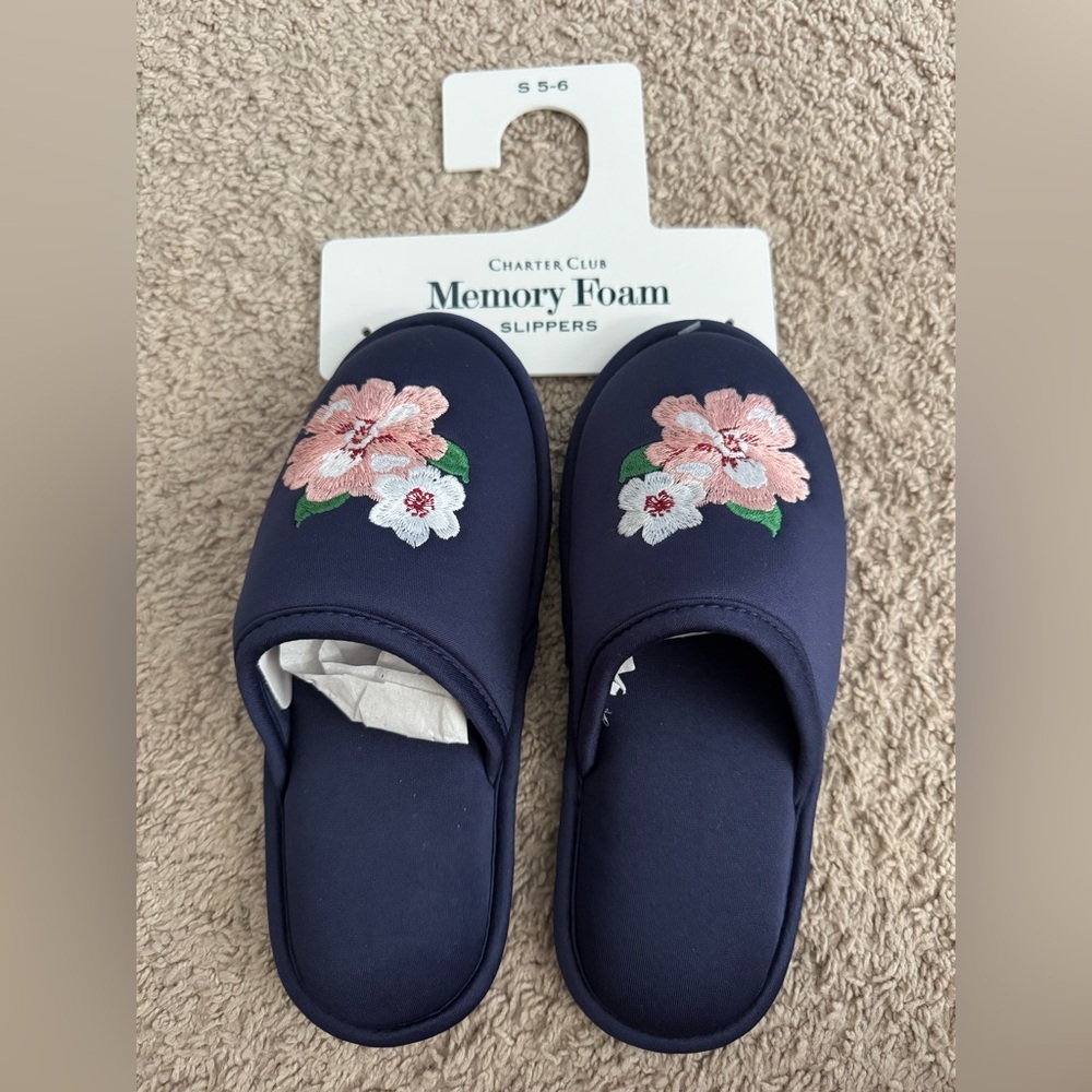 Charter Club Women's Memory Foam Navy Slippers with Floral Design